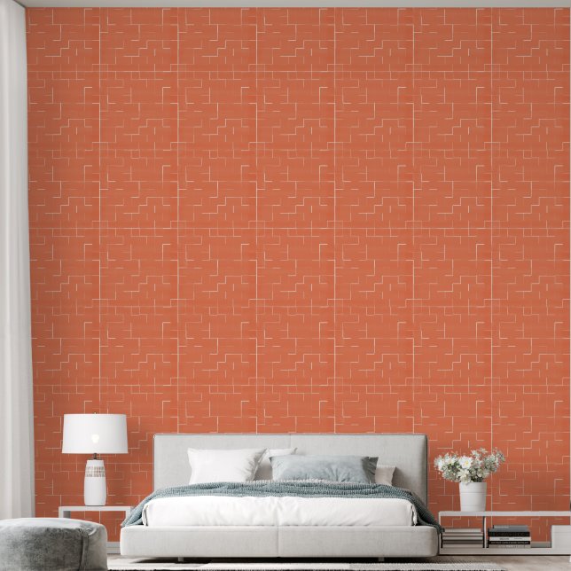 Warm Orange White Abstract Geometric Grid Pattern  Wallpaper (Bedroom)