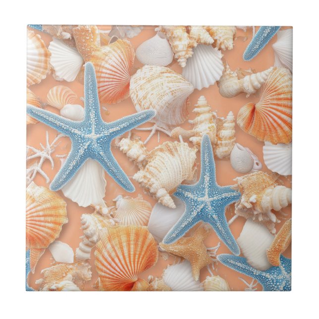 Warm Peach Beach Shells Starfish Summer Ceramic Tile (Front)