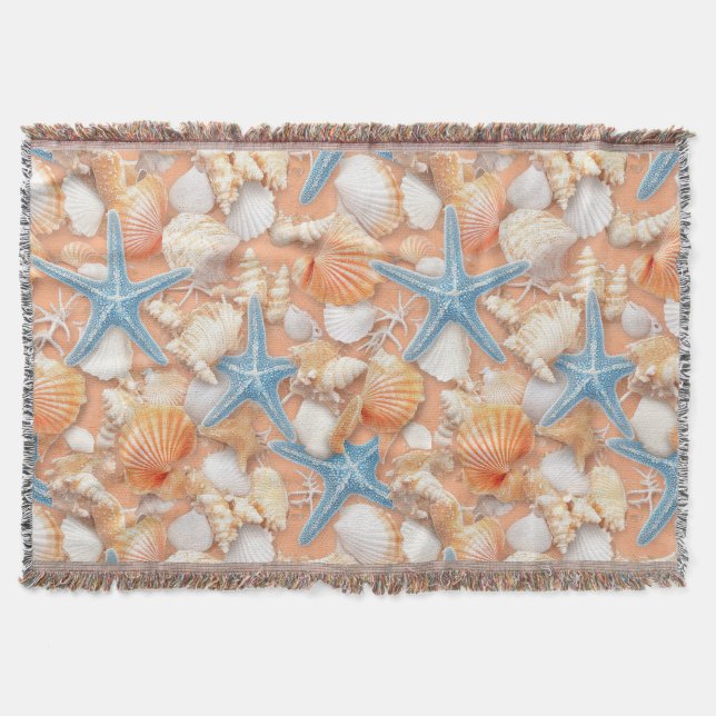 Warm Peach Beach Shells Starfish Summer Throw Blanket (Front)