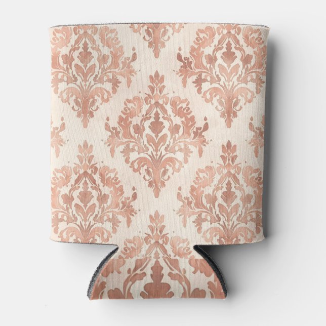 Warm Peach Damask Watercolor Ornamental Pattern Can Cooler (Front)