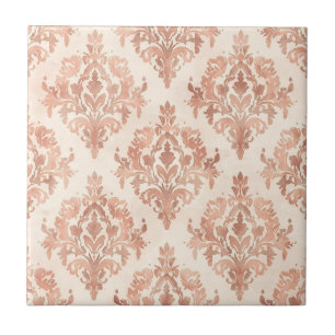 Warm Peach Damask Watercolor Ornamental Pattern Ceramic Tile