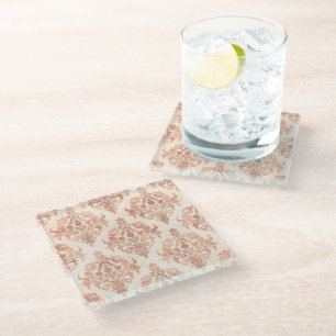 Warm Peach Damask Watercolor Ornamental Pattern Glass Coaster