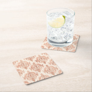 Warm Peach Damask Watercolor Ornamental Pattern Square Paper Coaster