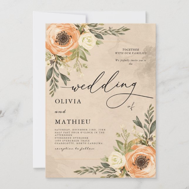 Warm Peach Floral Rustic Wedding Invitation (Front)