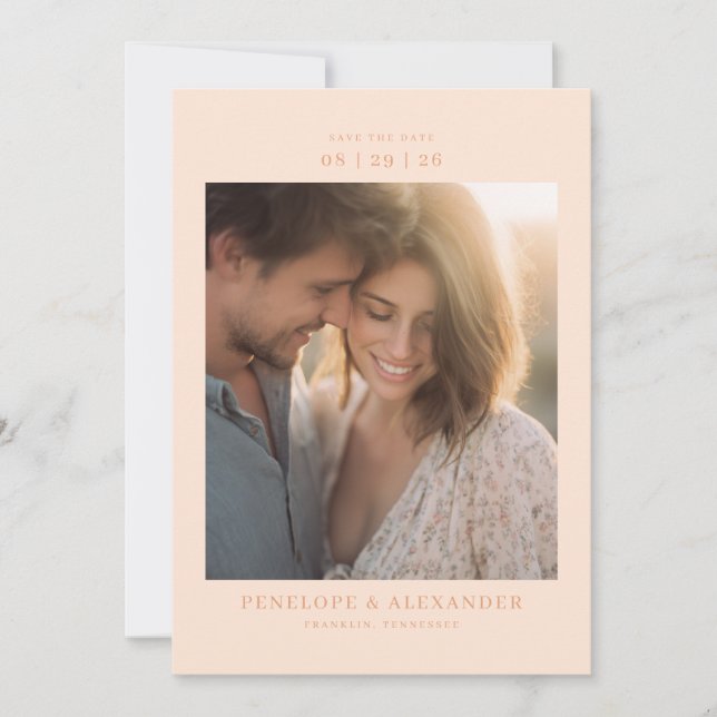 Warm Peach Minimalist Photo Save The Date (Front)