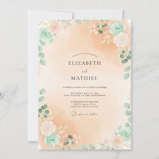 Warm Peach Mint Leafy Wedding Invitation (Front)