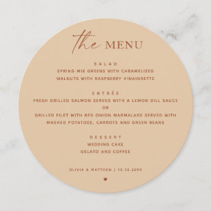 Warm Peach Sand Minimalist Wedding   Round Dinner Menu
