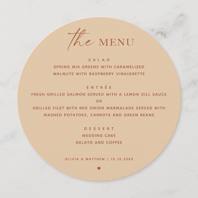 Warm Peach Sand Minimalist Wedding | Round Dinner Menu (Front)