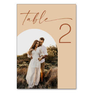 Warm Peach Sand Modern Arched Photo Wedding Table Number