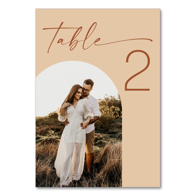Warm Peach Sand Modern Arched Photo Wedding Table Number (Front)