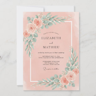 Warm Peach Seafoam Leafy Wedding Invitation