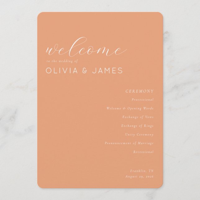 Warm Peach Wedding Ceremony Schedule Program (Front)
