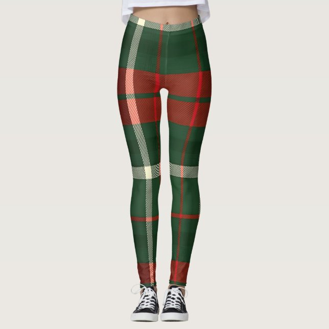 Warm Plaid Design in Red, Green, and White Leggings (Front)