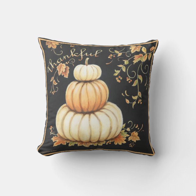 Warm pumpkins with black bckgrd 'Thankful" pillow (Front)