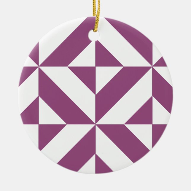 Warm Purple Geometric Deco Cube Ceramic Ornament (Front)