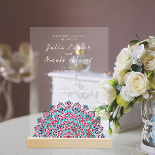 Warm Red Blue Crescent Mandala Wedding Acrylic Invitations