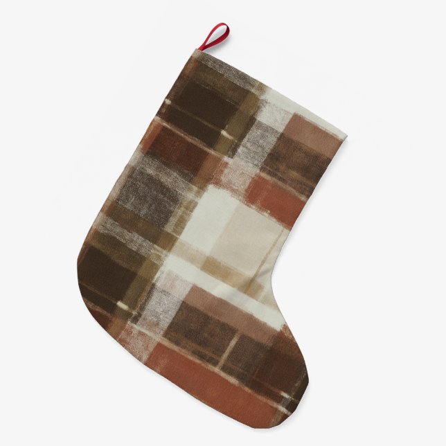 Warm Red Brown Cream Abstract Rectangles Large Christmas Stocking (Front (Hanging))