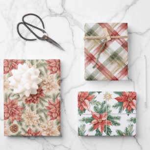 Warm Red Green Christmas Floral Stripes Wrapping Paper Sheet