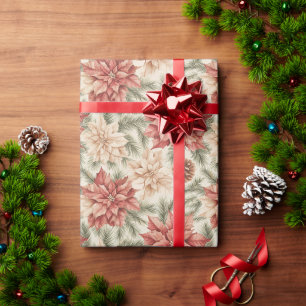 Warm Red Green Christmas Floral  Wrapping Paper