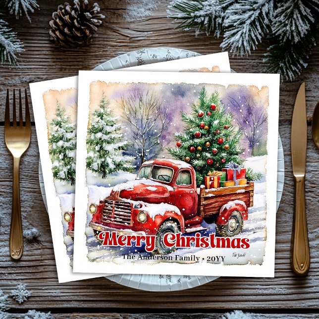 Warm red truck Christmas scene rustic paper napkin (Warm red truck Christmas scene rustic paper napkin)