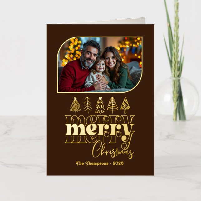 Warm Retro Hand Drawn Merry Christmas Photo Foil Holiday Card (Front)