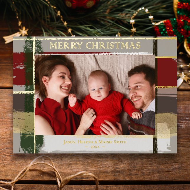 Warm Rustic Brushstrokes w/Gold Highlights Photo Foil Holiday Card (Creator Uploaded)