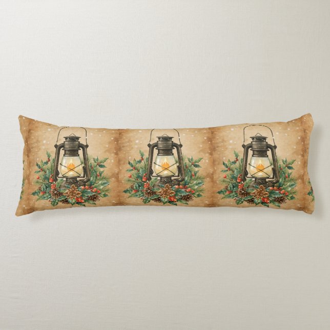 Warm rustic lantern Christmas holly pine winter Body Cushion (Front)