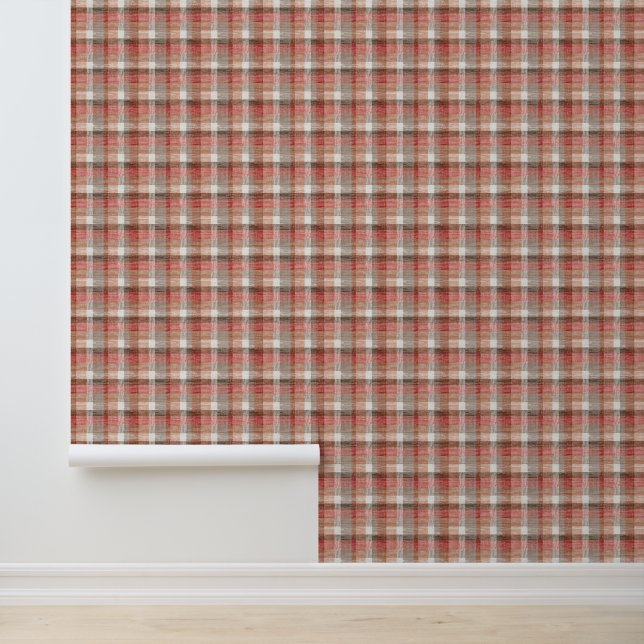 Warm Rustic Plaid Fabric Texture in Coral Wallpaper (Application)