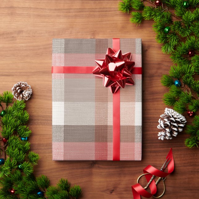 Warm Rustic Plaid Fabric Texture in Coral Wrapping Paper (Holiday Gift)