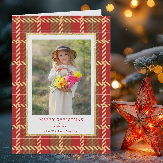 Warm Rustic Red & Gold Plaid Photo Holiday Card (Creator Uploaded)