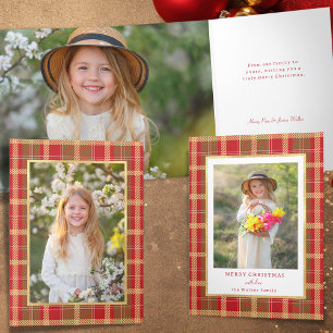 Warm Rustic Red & Gold Plaid Photo Tri-Fold Card
