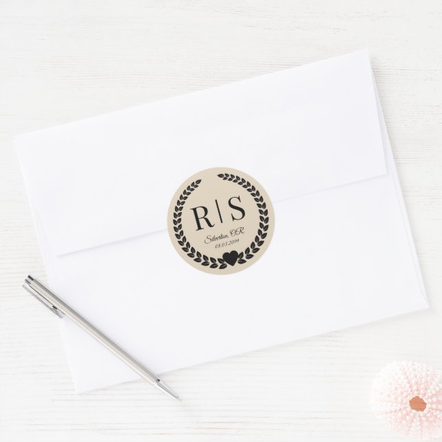 Warm Sand Wedding Monogram Initials Classic Round Sticker (Envelope)