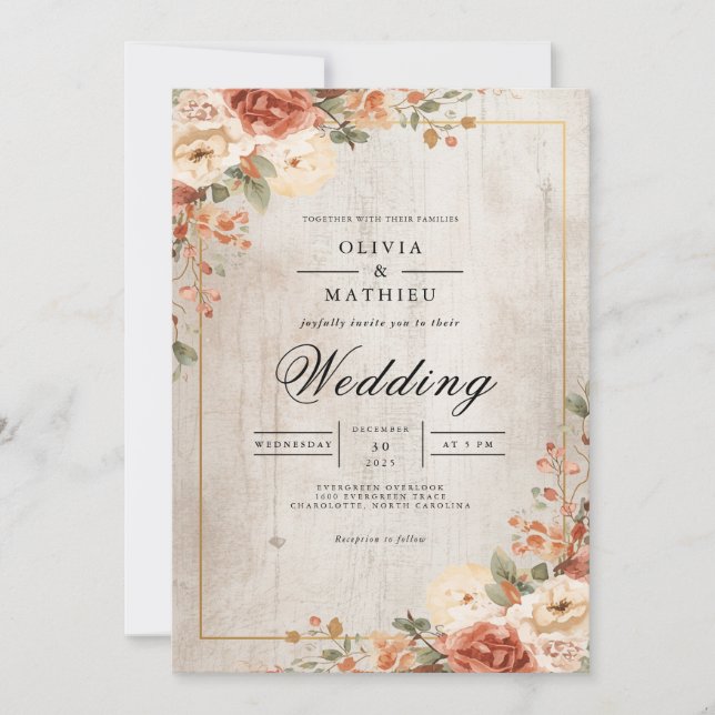 Warm Sepia Floral Rustic Wedding Invitation (Front)
