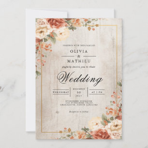 Warm Sepia Floral Rustic Wedding Invitation