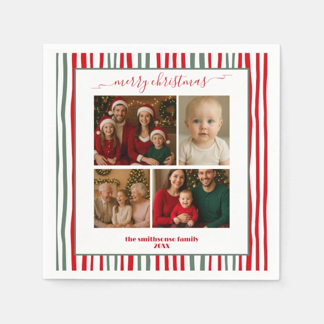Warm Stripes family Photo merry Christmas Napkin (Front)