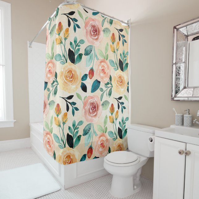 Warm Summer Sun Yellow and Coral Roses Shower Curtain (In Situ)