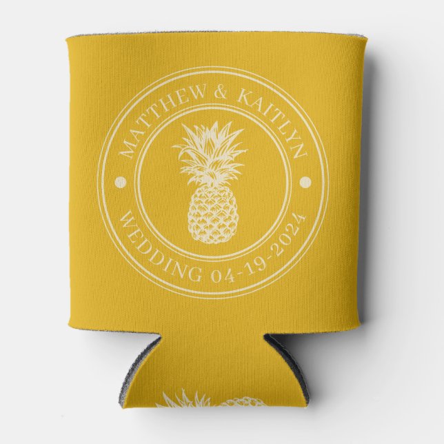 Warm Sunflower Pineapple Wedding Crest & Names Can Cooler (Front)