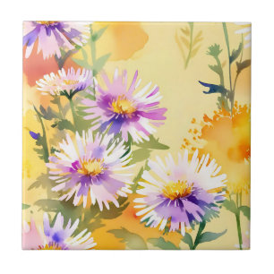 Warm Sunlit Aster Flowers on Light Yellow Ceramic Tile