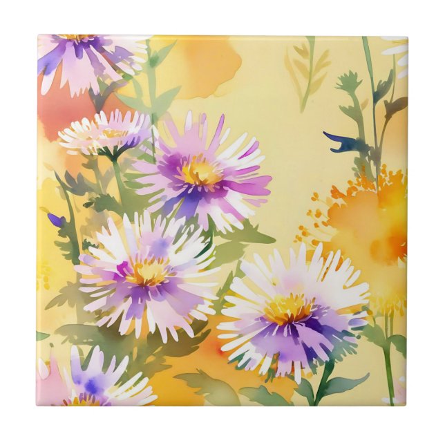 Warm Sunlit Aster Flowers on Light Yellow  Ceramic Tile (Front)