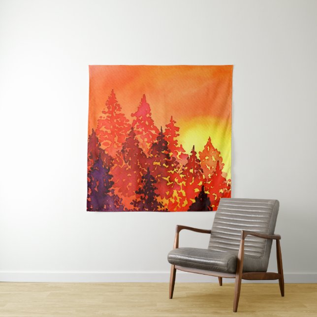 Warm Sunset Watercolor Trees  Tapestry (In Situ (Horizontal))