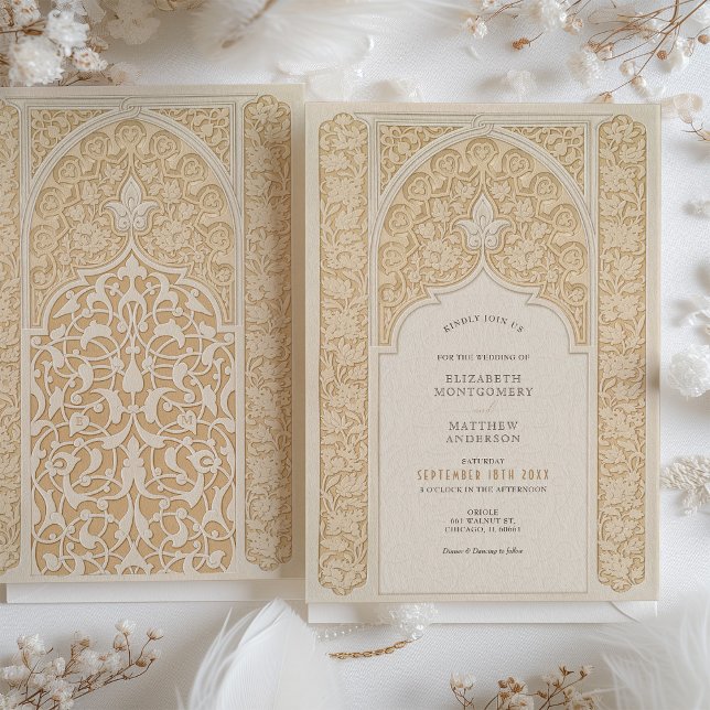 Warm Taupe & Cream Lace Art Nouveau Wedding Invitation (Creator Uploaded)