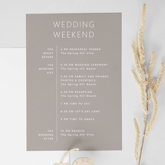 Warm Taupe Grey Weekend Timeline | Wedding Welcome Invitation (Creator Uploaded)