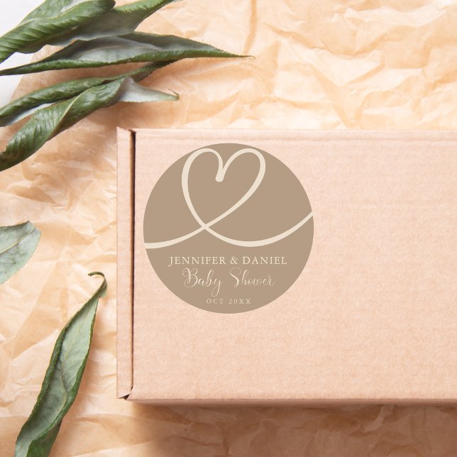 Warm Taupe Heart Baby Shower Minimal Script Classic Round Sticker (Creator Uploaded)