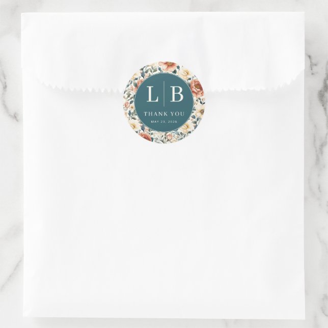 Warm Teal Floral Gratitude Classic Round Sticker (Bag)
