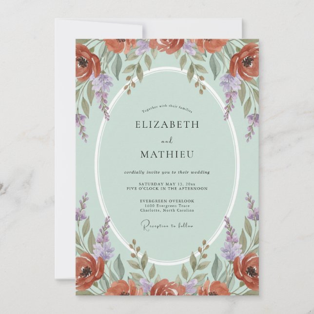 Warm Terracotta Violet Leafy Wedding Invitation (Front)