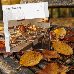 Warm Thanksgiving Table Setting with Candlelight Postcard
