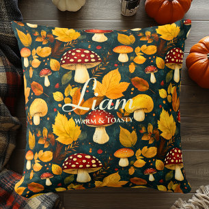 Warm & Toasty Mushrooms & Leaves   Cosy Fall Decor Cushion
