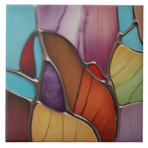 Warm Tone Faux Stained Glass Mosaic Abstract Art Ceramic Tile