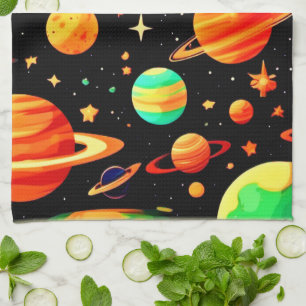 Warm-Toned Cosmic Cartoon Art Tea Towel