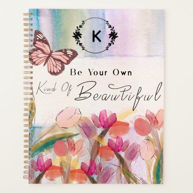 Warm Tulips and Butterfly Quote,Custom Monogram  Planner (Front)